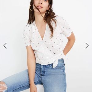 Madewell Short-Sleeve Wrap Top in Clipdot with Red and Blue